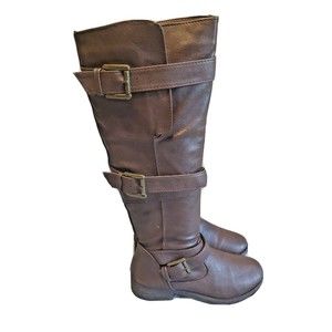 Girls Tall Riding Boos Sz 5.5 Faux Leather Zipped Brown Block Heel Bamboo